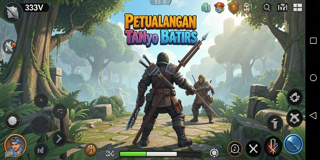 Tangkapan layar game 333V menampilkan eksplorasi dunia petualangan yang seru.