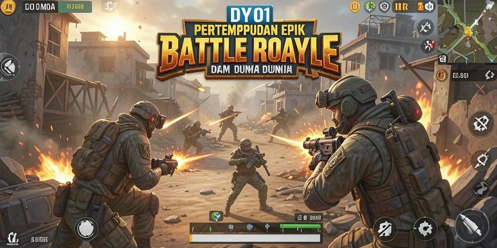 Screenshot utama DY01 menampilkan aksi mendebarkan dalam pertandingan Battle Royale.
