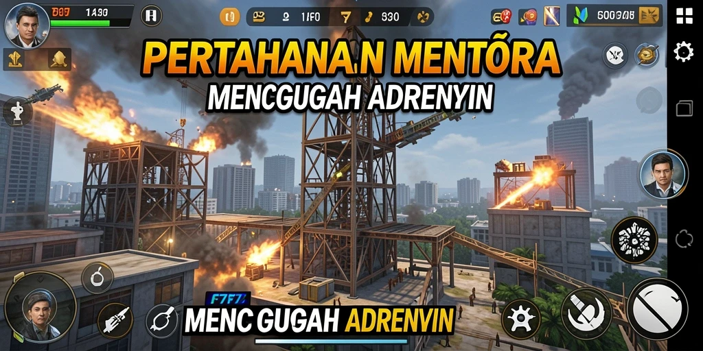 Screenshot permainan F7F7 menampilkan aksi menara pertahanan yang intens.