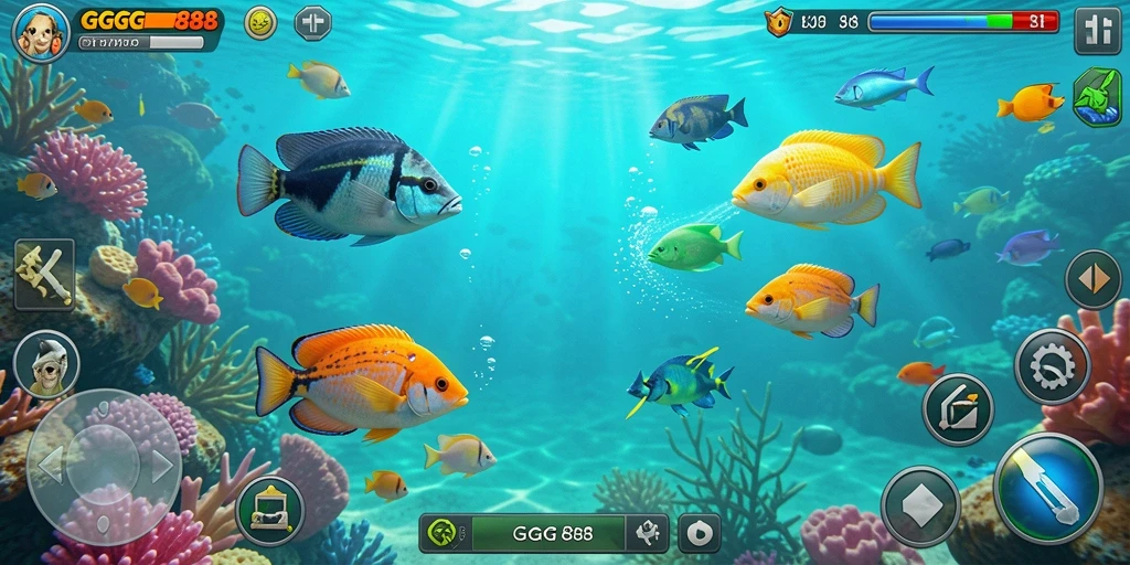 Screenshot menampilkan gameplay seru GGG888 dalam menembak ikan.