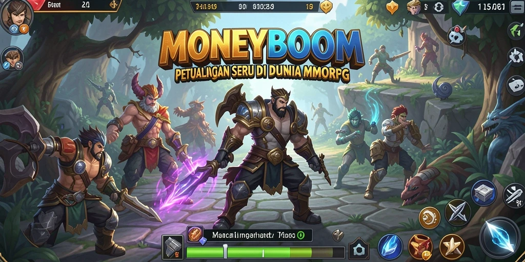 Screenshot MONEYBOOM menampilkan pertarungan epik dalam dunia MMORPG.