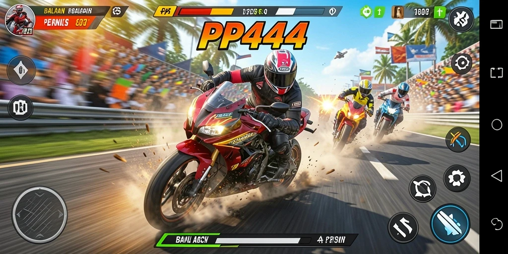 Screenshot utama PP444 menampilkan aksi balapan motor yang mendebarkan.