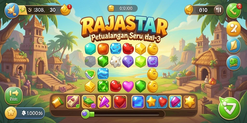 Screenshot RAJASTAR menampilkan keseruan menyusun permata dalam gameplay Match-3.