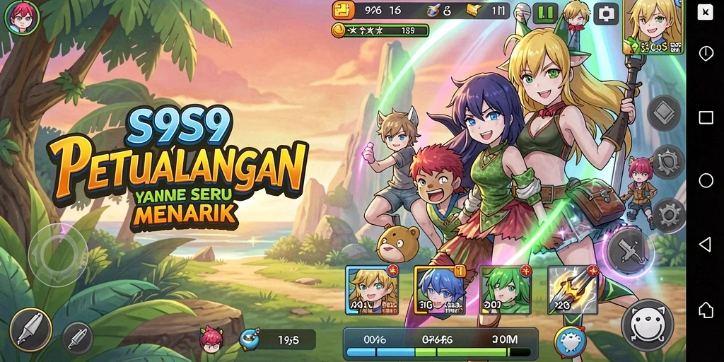 Tampilan gameplay seru dalam S9S9 yang penuh warna.